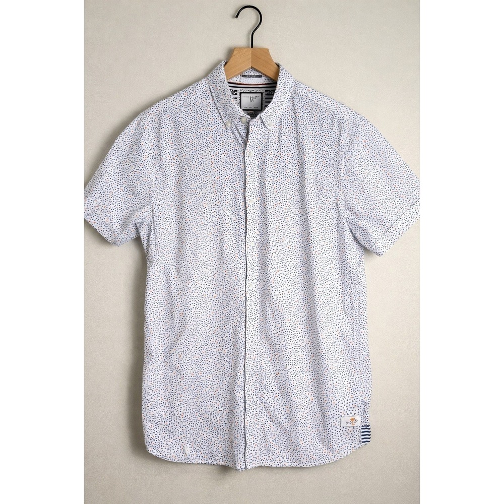Denim & Flower Mens M Short Sleeve Button Up Blue Triangle Print Cotton Shirt